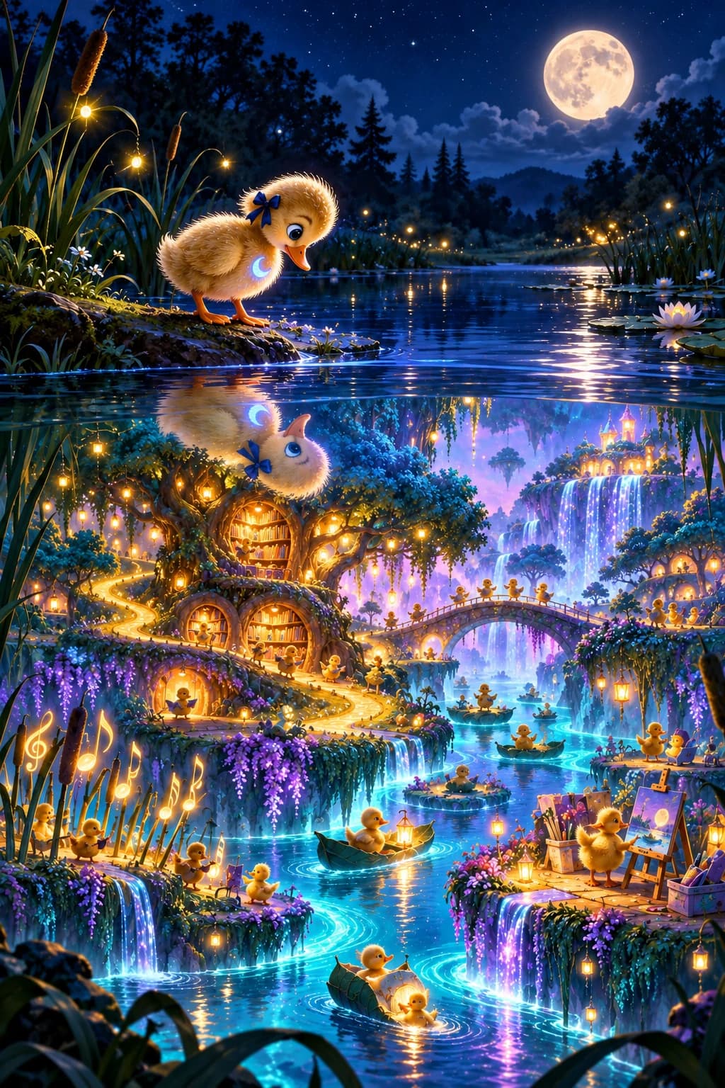 Luna, a golden duckling with a midnight-blue ribbon and a glowing crescent marking, peers into a moonlit pond. Beneath the waterline, a different world unfolds: a lantern-lit story tree, little ducklings, bridges and luminous turquoise waterfalls.